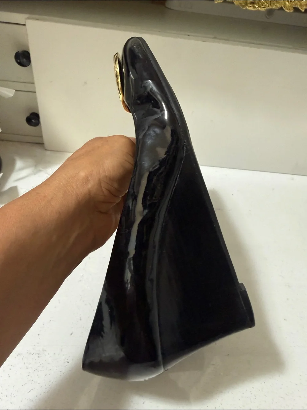 Tory Burch Black Patent Leather Wedges with Gold Logo Medallions